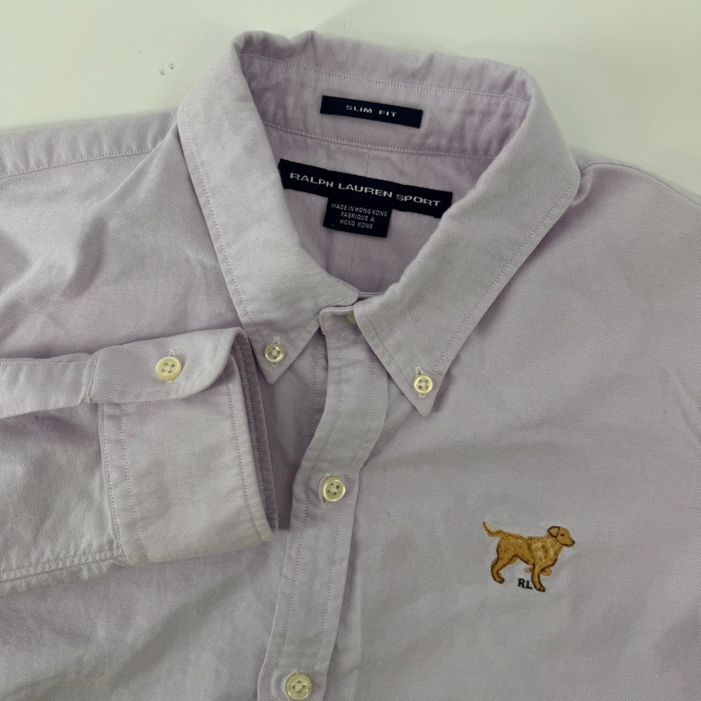 Ralph Lauren Sport Button Down Women M Purple Slim Fit Dog Logo Oxford Shirt